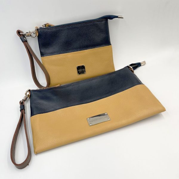 Женская сумка-клатч и мини-косметичка из натуральной кожи сине-песочно-коричневая