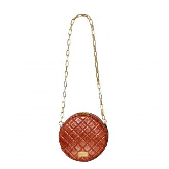 Круглая сумка-таблетка коньячного цвета с золотой итальянской цепью, на плечо
