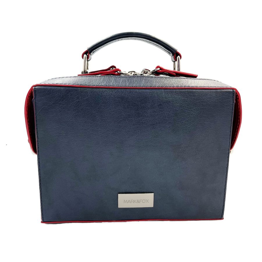 Женская сумка-бокс через плечо, кроссбоди, синяя с красной кожаной подкладкой и серебристой итальянской фурнитурой