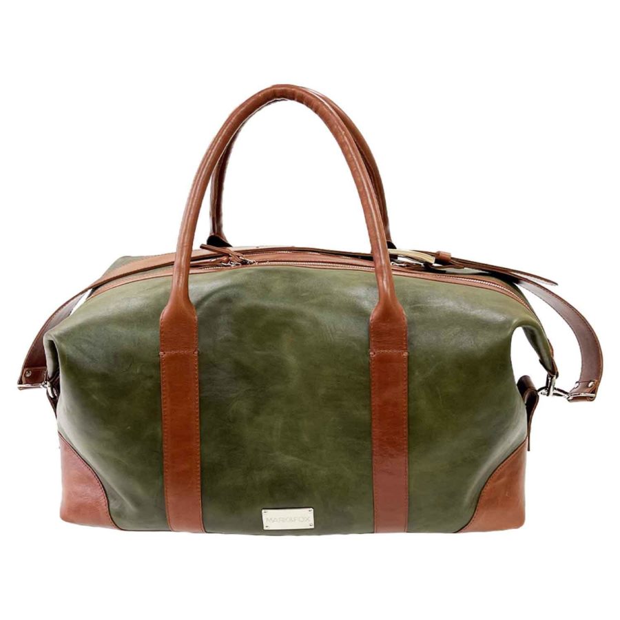 Кожаная сумка дорожная Travel L из натуральной кожи зеленая с коричневой отделкой